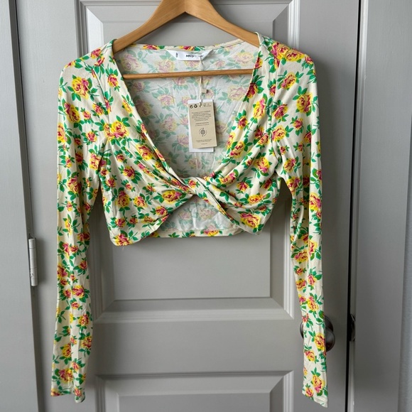 MANGO Women’s Bright Floral Printed Knot Long Sleeve Crop Top Size Large - Picture 4 of 13